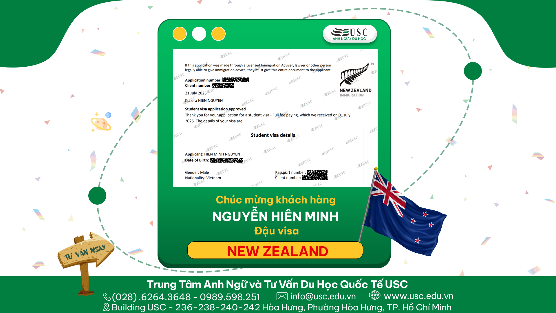CHÚC MỪNG KHÁCH HÀNG CỦA USC ĐÃ ĐƯỢC LÃNH SỰ QUÁN NEW ZEALAND CẤP VISA