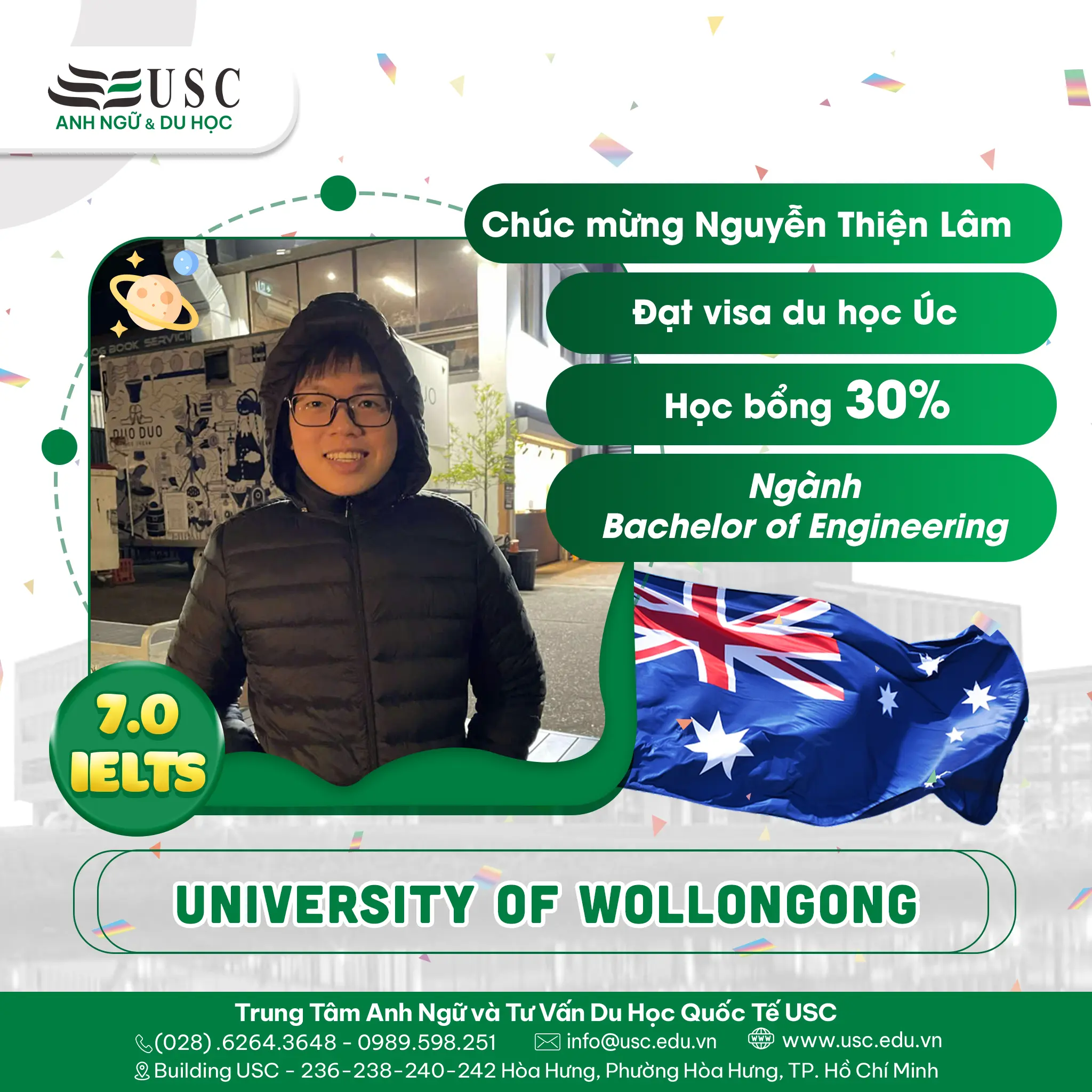 CHÚC MỪNG NGUYỄN THIỆN LÂM ĐƯỢC CẤP VISA DU HỌC ÚC VÀ NHẬN HỌC BỔNG 30% TỪ UNIVERSITY OF WOLLONGONG