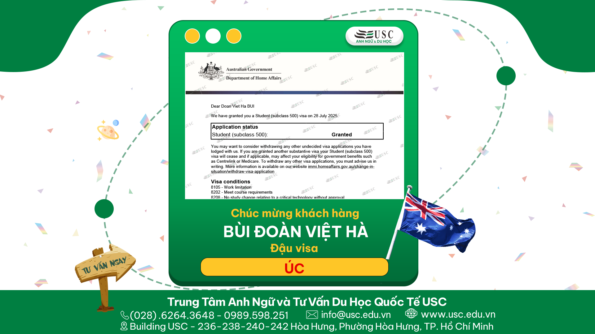 CHÚC MỪNG KHÁCH HÀNG CỦA USC ĐÃ ĐƯỢC LÃNH SỰ QUÁN ÚC CẤP VISA