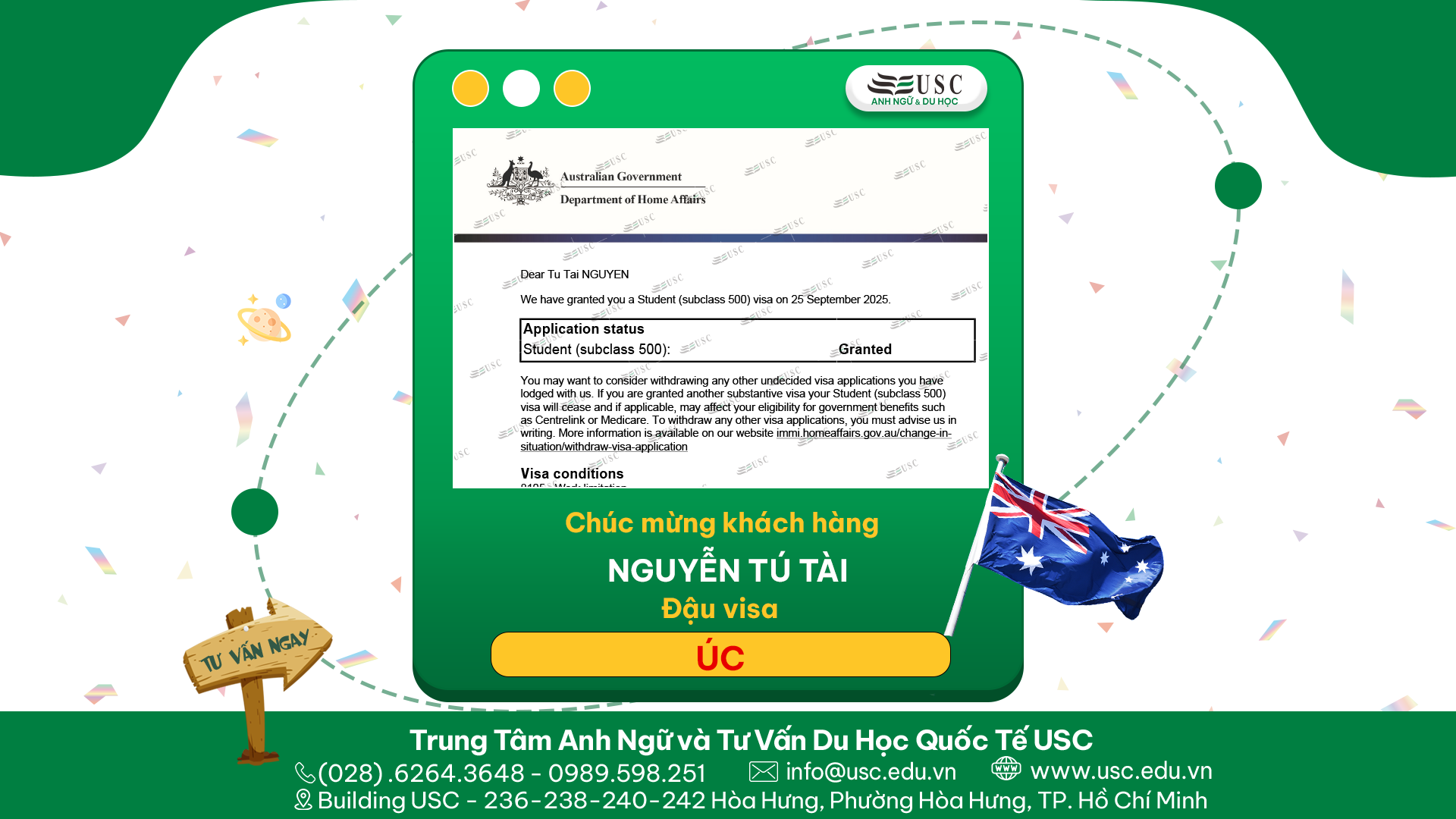 CHÚC MỪNG KHÁCH HÀNG CỦA USC ĐÃ ĐƯỢC LÃNH SỰ QUÁN ÚC CẤP VISA