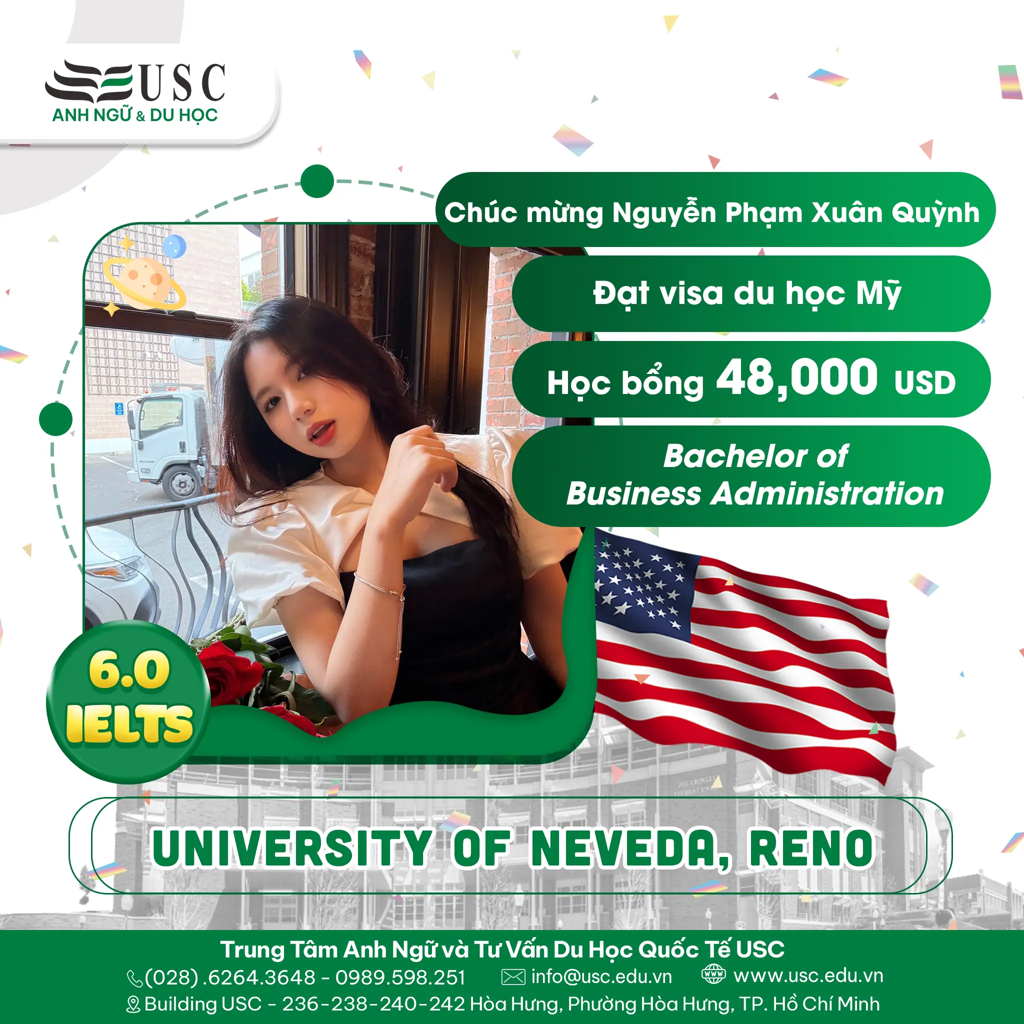 CHÚC MỪNG NGUYỄN PHẠM XUÂN QUỲNH CHINH PHỤC VISA DU HỌC MỸ & HỌC BỔNG 48,000 USD TẠI UNIVERSITY OF NEVADA, RENO!