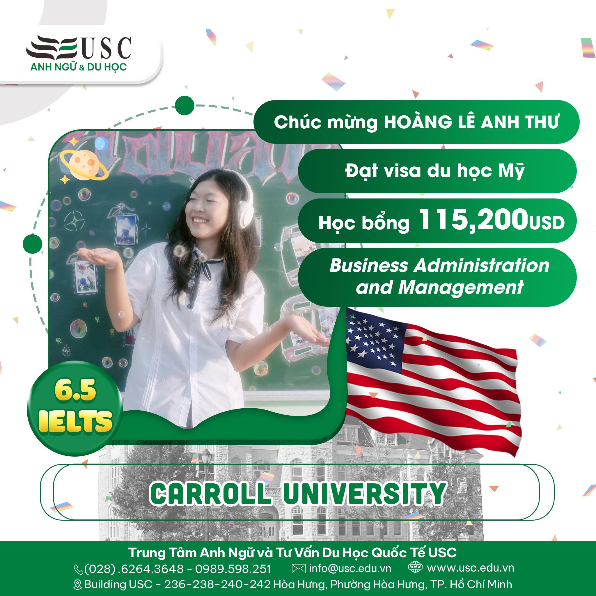 CHÚC MỪNG HOÀNG LÊ ANH THƯ NHẬN VISA DU HỌC MỸ & HỌC BỔNG 115,200 USD TỪ CARROLL UNIVERSITY