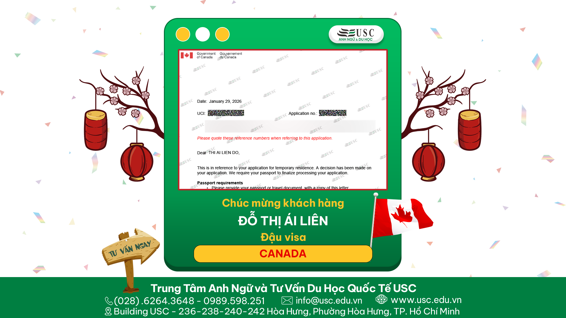 CHÚC MỪNG KHÁCH HÀNG CỦA USC ĐÃ ĐƯỢC LÃNH SỰ QUÁN CANADA CẤP VISA