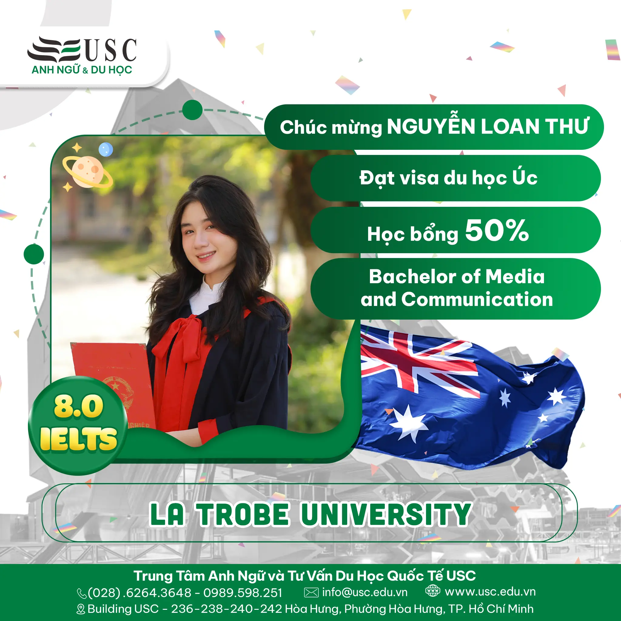 CHÚC MỪNG NGUYỄN LOAN THƯ THÀNH CÔNG NHẬN VISA DU HỌC ÚC & HỌC BỔNG 50% TỪ LA TROBE UNIVERSITY!