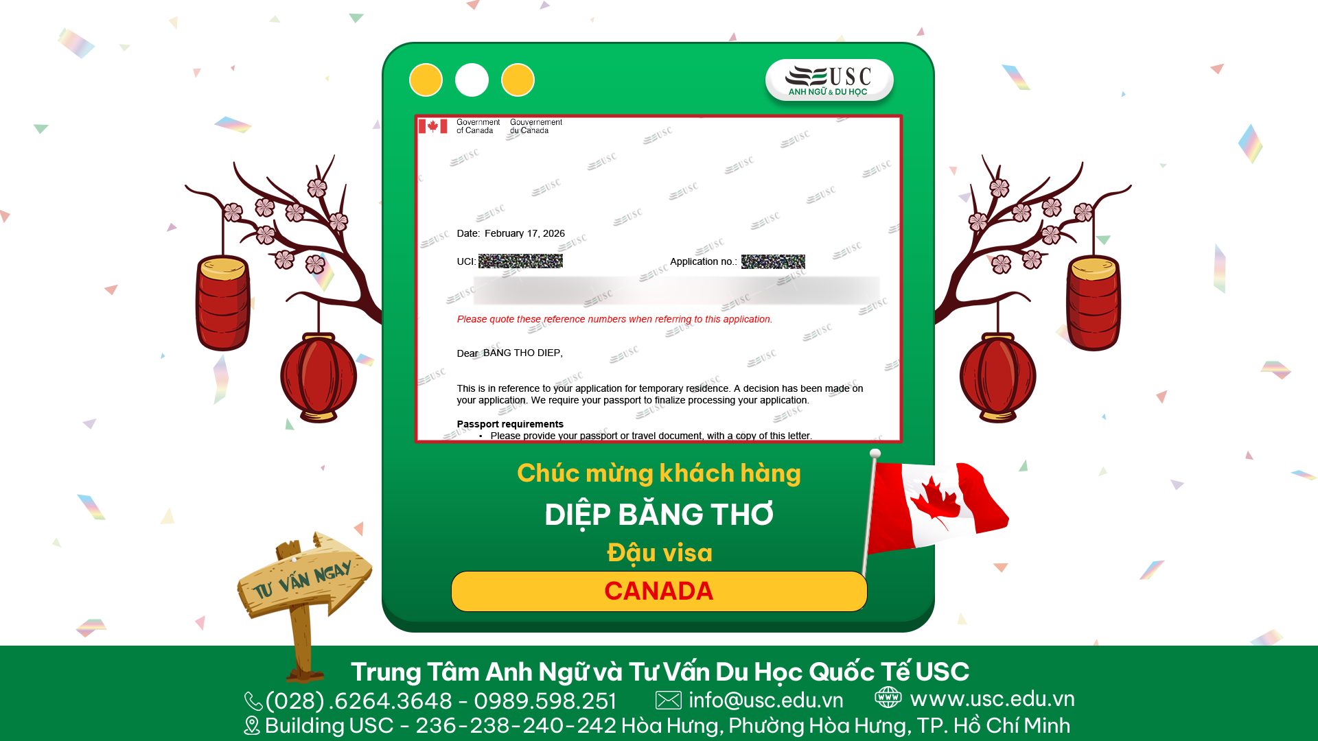 CHÚC MỪNG KHÁCH HÀNG CỦA USC ĐÃ ĐƯỢC LÃNH SỰ QUÁN CANADA CẤP VISA