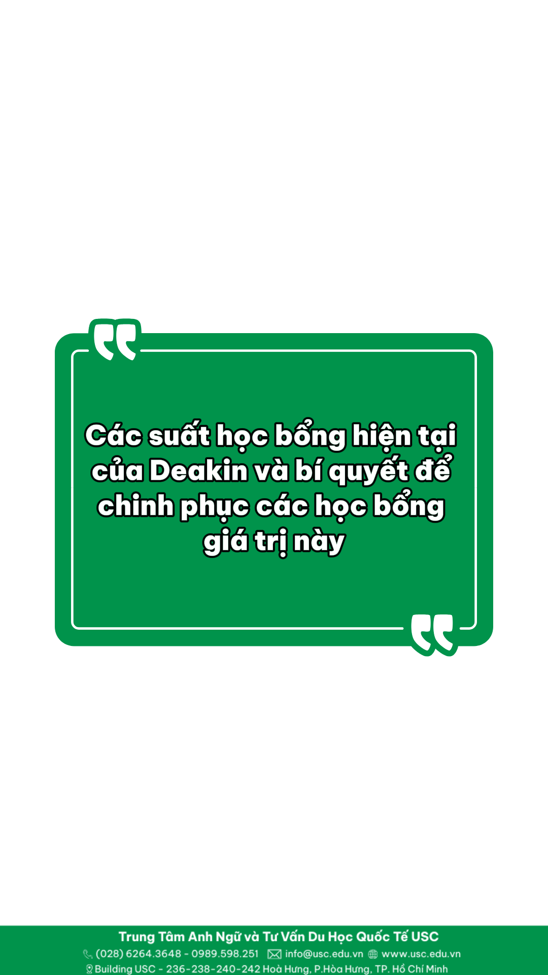 Mr. Hiếu — Đại diện trường Deakin University — chia sẻ về các suất học bổng hiện có và bí quyết để hồ sơ của bạn nổi bật nhất có thể. 📅 Bạn muốn gặp trực tiếp để được tư vấn 1:1? Mr. Hiếu sẽ có mặt tại Deakin Open Week by USC ⏰ 20 – 25/04/2026