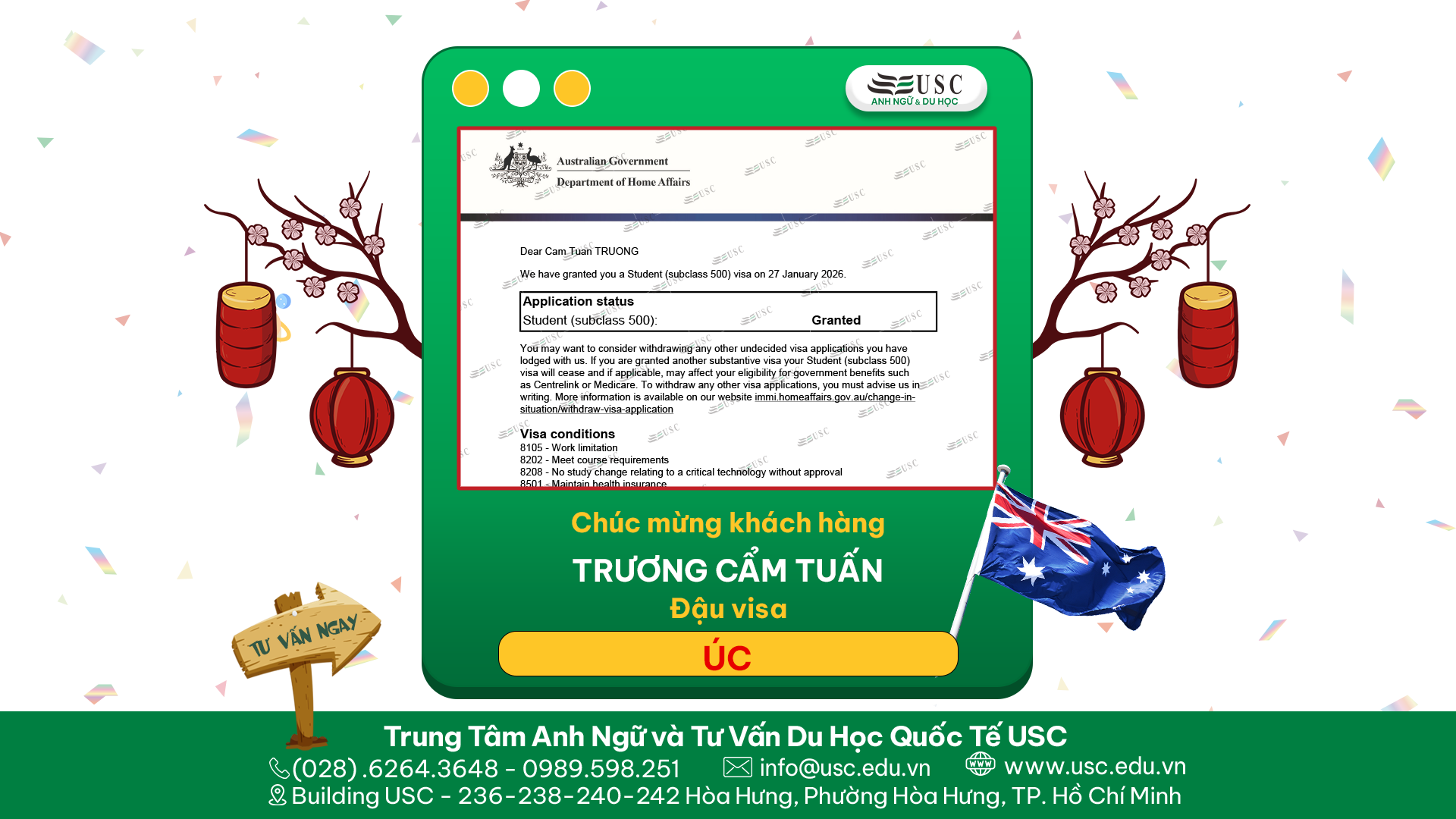CHÚC MỪNG KHÁCH HÀNG ĐẶNG THỊ LAN HƯƠNG CỦA USC ĐÃ ĐƯỢC LÃNH SỰ QUÁN ÚC CẤP VISA