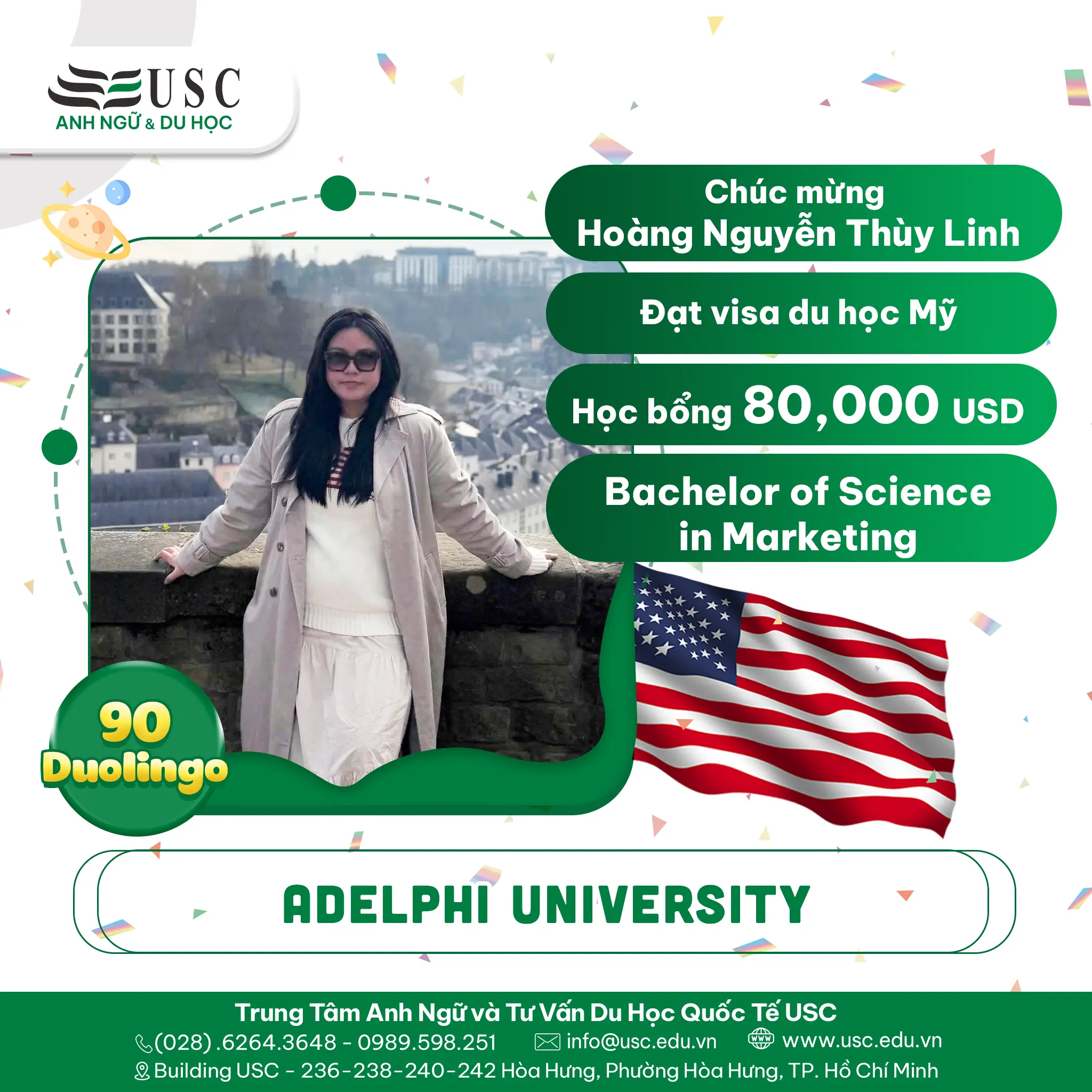 CHÚC MỪNG HOÀNG NGUYỄN THÙY LINH CHINH PHỤC VISA DU HỌC MỸ VÀ NHẬN HỌC BỔNG $80,000 TẠI ADELPHI UNIVERSITY