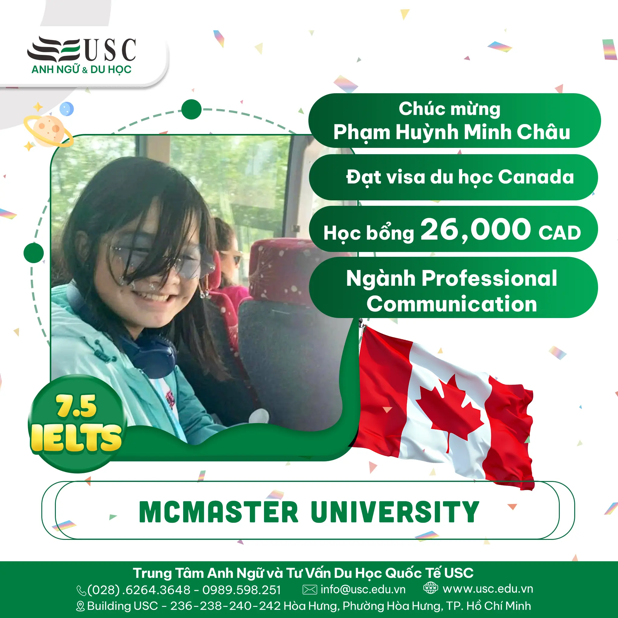 CHÚC MỪNG PHẠM HUỲNH MINH CHÂU NHẬN VISA DU HỌC CANADA & HỌC BỔNG 26,000 CAD TẠI MCMASTER UNIVERSITY