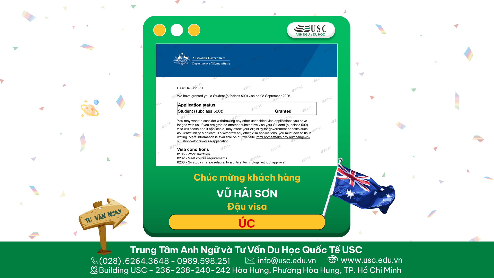 CHÚC MỪNG KHÁCH HÀNG CỦA USC ĐÃ ĐƯỢC LÃNH SỰ QUÁN ÚC CẤP VISA