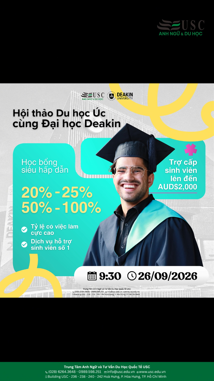 Bạn đang dự định du học Úc năm 2027 và muốn biết hồ sơ của mình có cơ hội nhận học bổng Deakin ở mức nào?  Đừng bỏ lỡ buổi hội thảo cuối tuần này với Mr. Hiếu - Đại diện Deakin để trao đổi trực tiếp