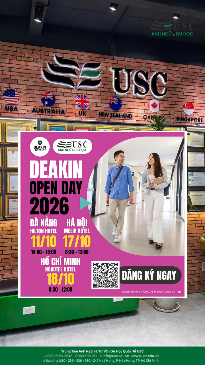 Ngày 18/10, bạn có hẹn cùng USC tại Deakin Open Day? Cùng USC gặp gỡ Đại học Deakin trực tiếp, cập nhật học bổng lên đến 100% học phí và khám phá những cơ hội học tập, nghề nghiệp phù hợp với bạn. Inbox USC